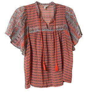 Lucky Brand Tassel‎ Tie Short Flare Sleeve Peasant Blouse Women's Size Small